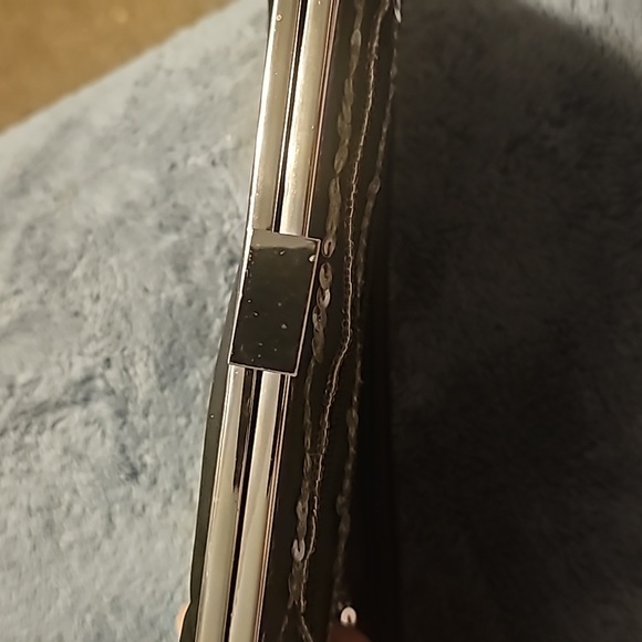 The Gap Black Satin & Silver Sequin Clutch, Push-n-Pull Silvertone Clasp Closure - Picture 7 of 8